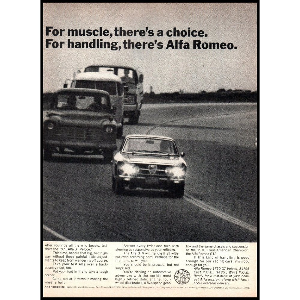 1971 Alfa Romeo GT Veloce Vintage Print Ad Highway Handling Italian Car Wall Art